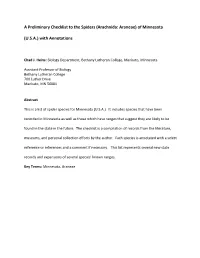 A Preliminary Checklist to the Spiders (Arachnida: Araneae) of Minnesota (U.S.A.) with Annotations