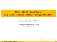 CALCULUS I §2.2: Differentiability, Graphs, and Higher Derivatives