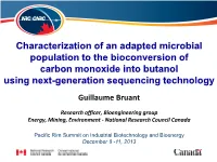 Characterization of an Adapted Microbial Population to the Bioconversion of Carbon Monoxide Into Butanol Using Next-Generation Sequencing Technology
