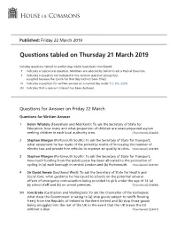 Questions Tabled on Thu 21 Mar 2019