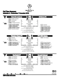 Full Time Summary Matchday 6 - Wednesday 7 December 2016