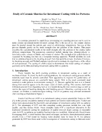 Study of Ceramic Slurries for Investment Casting with Ice Patterns