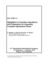 Highlights in Columbus Operations and Preparation for Assembly Complete Operations Phase
