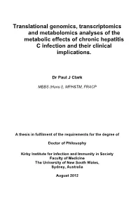 Translational Genomics, Transcriptomics and Metabolomics Analyses of the Metabolic Effects of Chronic Hepatitis C Infection and Their Clinical Implications