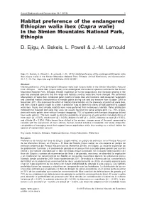 Habitat Preference of the Endangered Ethiopian Walia Ibex (Capra Walie) in the Simien Mountains National Park, Ethiopia