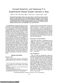 Corneal Sensitivity and Substance P in Experimental Herpes Simplex Keratitis in Mice
