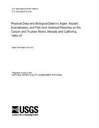 Physical Data and Biological Data for Algae, Aquatic Invertebrates, and Fish from Selected Reaches on the Carson and Truckee Rivers, Nevada and California, 1993–97