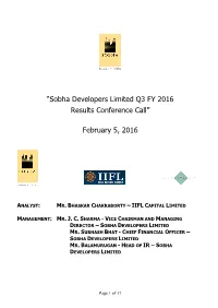 Sobha Developers Limited Q3 FY 2016 Results Conference Call”