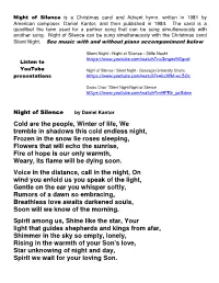 Night of Silence Is a Christmas Carol and Advent Hymn, Written in 1981 by American Composer, Daniel Kantor, and Then Published in 1984