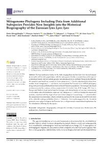 Mitogenome Phylogeny Including Data from Additional Subspecies Provides New Insights Into the Historical Biogeography of the Eurasian Lynx Lynx Lynx