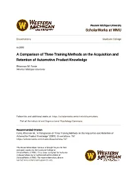 A Comparison of Three Training Methods on the Acquisition and Retention of Automotive Product Knowledge