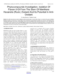 Phytocompounds Investigation, Isolation of Flavan-3-Ol from the Stem of Manilkara Hexandra (Roxb.) Dubard and Its Potential in Anti- Oxidant