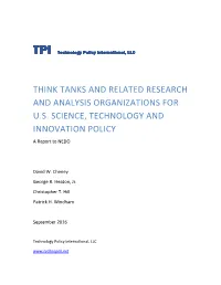 Think Tanks and Related Research and Analysis Organizations for U.S