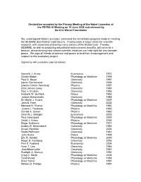 Declaration Accepted by the Plenary Meeting of the Nobel Laureates at the PETRA IV Meeting on 19 June 2008 and Released by the Elie Wiesel Foundation