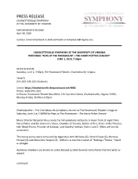 Press Release Charlottesville Symphony at the University of Virginia