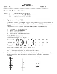 ASSIGNMENT SUB : Mathematics CLASS : VI a WEEK – 8 …………………………………………………………………………………………………………