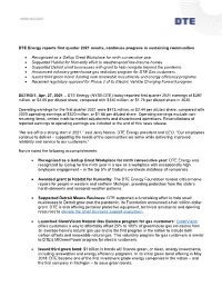 DTE Energy Reports First Quarter 2021 Results, Continues Progress in Sustaining Communities