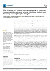 Data on Before and After the Traceability System of Veterinary Antimicrobial Prescriptions in Small Animals at the University Veterinary Teaching Hospital of Naples