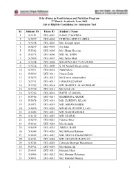 B.Sc (Hons) in Food Science and Nutrition Program 2Nd Batch, Academic Year-2021 List of Eligible Candidates for Admission Test