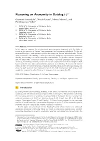 Reasoning on Anonymity in Datalog+/-∗