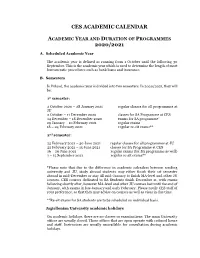 Ces Academic Calendar 2020/2021