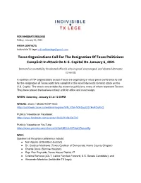 Texas Organizations Call for the Resignation of Texas Politicians Complicit in Attack on U.S