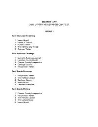 Master List 2016 Ut/Tpa Newspaper Contest
