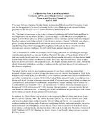 The Honorable Peter J. Roskam of Illinois Testimony on U.S.-Israel Missile Defense Cooperation House Armed Services Committee April 9, 2014