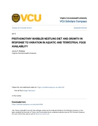 Prothonotary Warbler Nestling Diet and Growth in Response to Variation in Aquatic and Terrestrial Food Availability