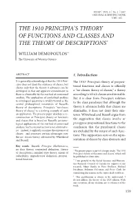 THE 1910 PRINCIPIA's THEORY of FUNCTIONS and CLASSES and the THEORY of DESCRIPTIONS*