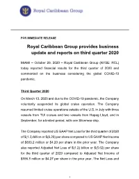 Royal Caribbean Group Provides Business Update and Reports on Third Quarter 2020