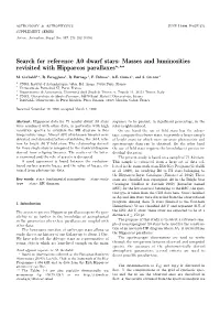 Search for Reference A0 Dwarf Stars: Masses and Luminosities Revisited with Hipparcos Parallaxes?,??