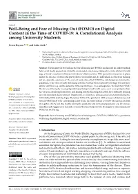 FOMO) on Digital Content in the Time of COVID-19: a Correlational Analysis Among University Students