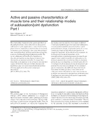 Active and Passive Characteristics of Muscle Tone and Their Relationship Models of Subluxation/Joint Dysfunction Part I