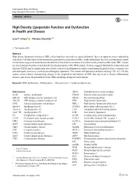 High-Density Lipoprotein Function and Dysfunction in Health and Disease