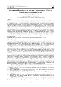 Educational Resources: an Integral Component for Effective School Administration in Nigeria
