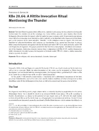 Kbo 20.64: a Hittite Invocation Ritual Mentioning the Thunder