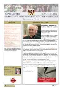 NEWSLETTER MMXX 2Nd QUARTER the EQUESTRIAN ORDER of the HOLY SEPULCHRE of JERUSALEM Lieutenancy of Victoria