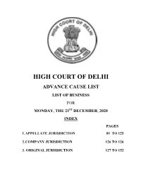 High Court of Delhi Advance Cause List List of Business for Monday, the 21St December, 2020 Index Pages 1