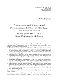 Philosophical and Mathematical Correspondence Between Gottlob Frege and Bertrand Russell in the Years 1902—1904 Some Uninvestigated Topics*