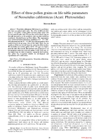 Effect of Three Pollen Grains on Life Table Parameters of Neoseiulus Californicus (Acari: Phytoseiidae)
