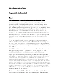 Unit 6: Classical Music in Practice Assignment Title: Renaissance