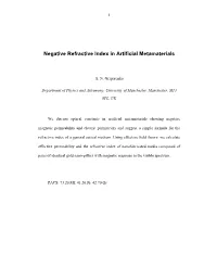 Negative Refractive Index in Artificial Metamaterials