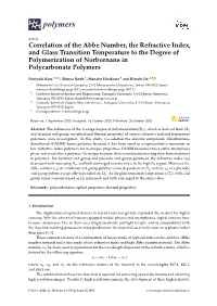 Correlation of the Abbe Number, the Refractive Index, and Glass Transition Temperature to the Degree of Polymerization of Norbornane in Polycarbonate Polymers
