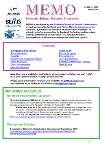 Minority Ethnic Matters Overview Contents Immigration and Asylum