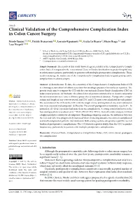Clinical Validation of the Comprehensive Complication Index in Colon Cancer Surgery