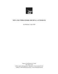 New and Unprocessed Archival Accessions, April 2020