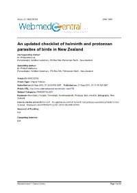 An Updated Checklist of Helminth and Protozoan Parasites of Birds in New Zealand