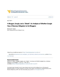 A Blogger, Google, and a "Skank": an Analysis of Whether Google Has a Fiduciary Obligation to Its Bloggers