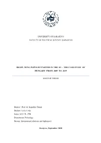 Right–Wing Populist Parties in the Eu – the Case Study of Hungary from 2009 to 2019